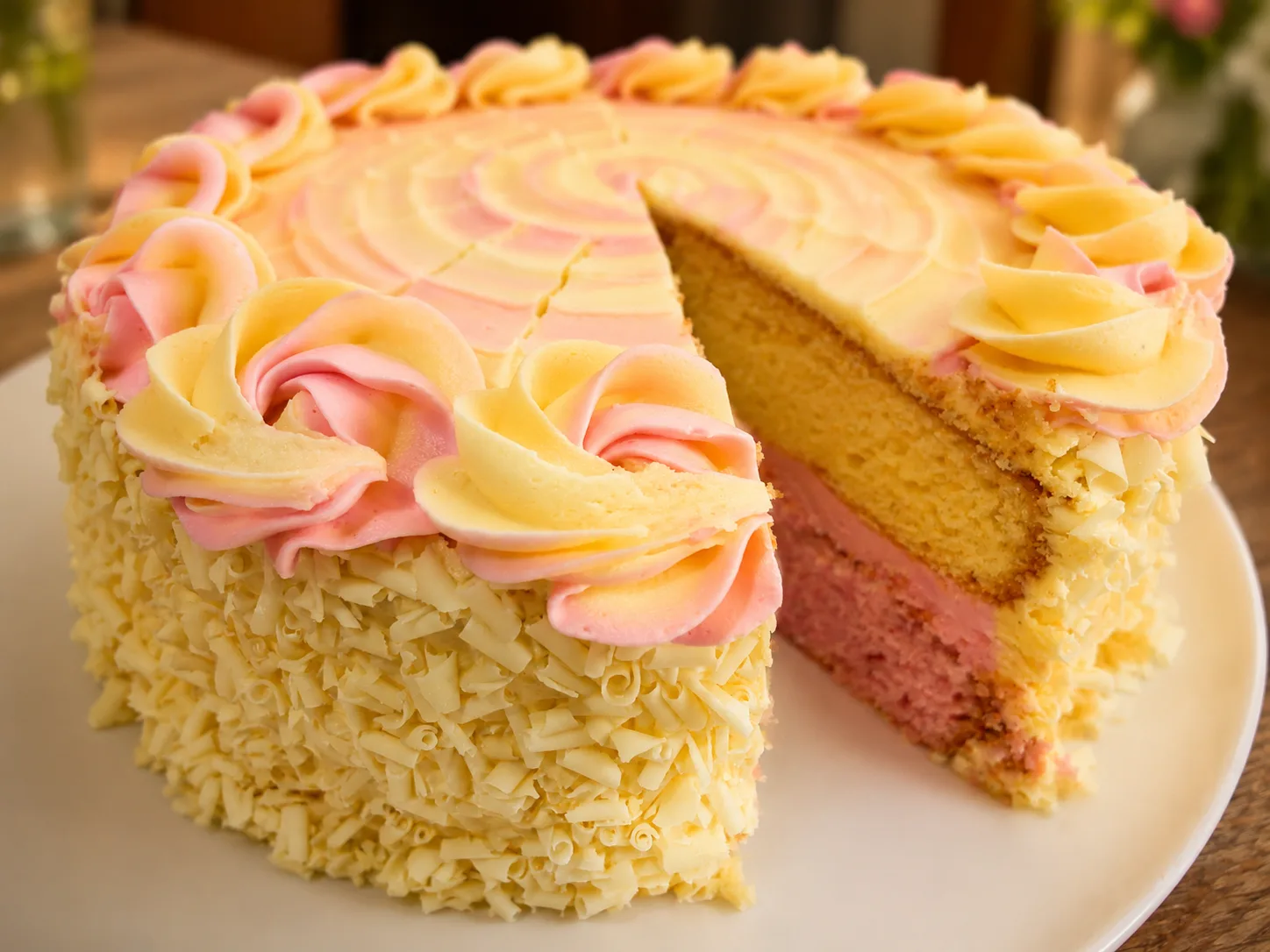 Lemon and raspberry gateau with pink and yellow buttercream at The Windy Ridge