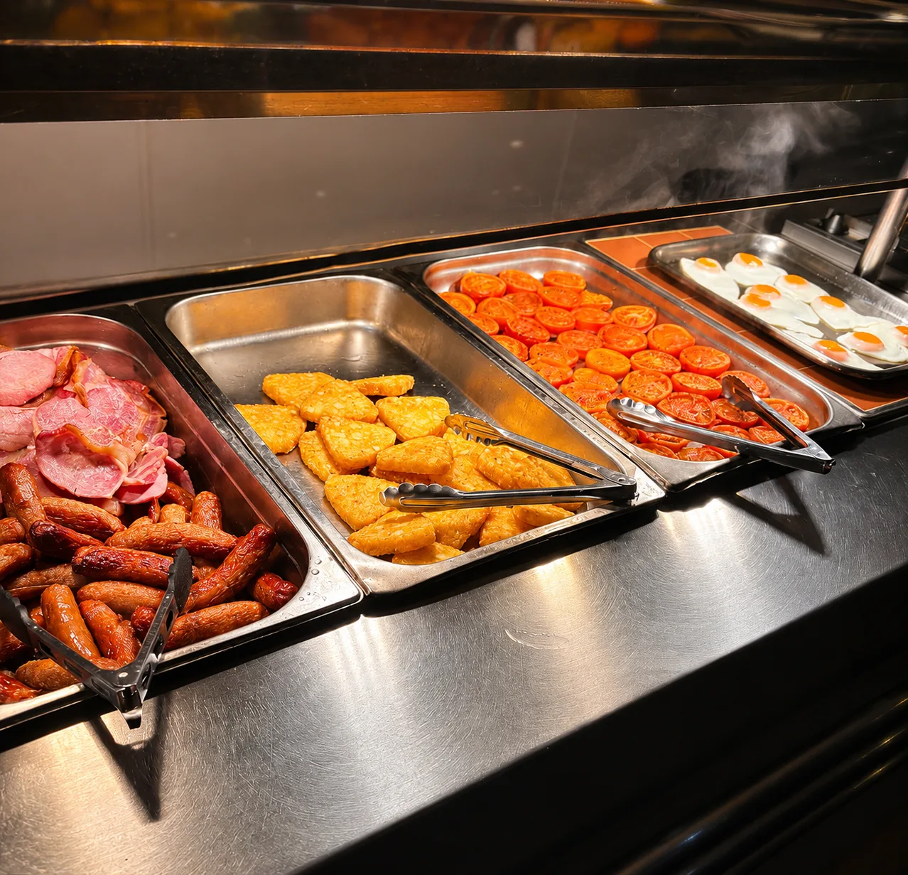 Hot breakfast buffet with sausages, bacon, hash browns, grilled tomatoes and fried eggs at The Windy Ridge